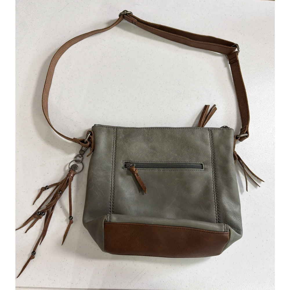 thesak Sak gray Leather Purse Brown ashland Tassels 12' 10" Zip crossbody